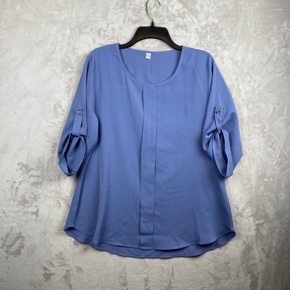 Womens Light Blue Blouse Size L 100% Polyester 3/4 Roll-Tab Sleeves Scoop Neck
